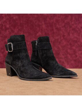 Sam Edelman Women Modern Western Stacked Boho Cottage Heel Black Suede Boots 8